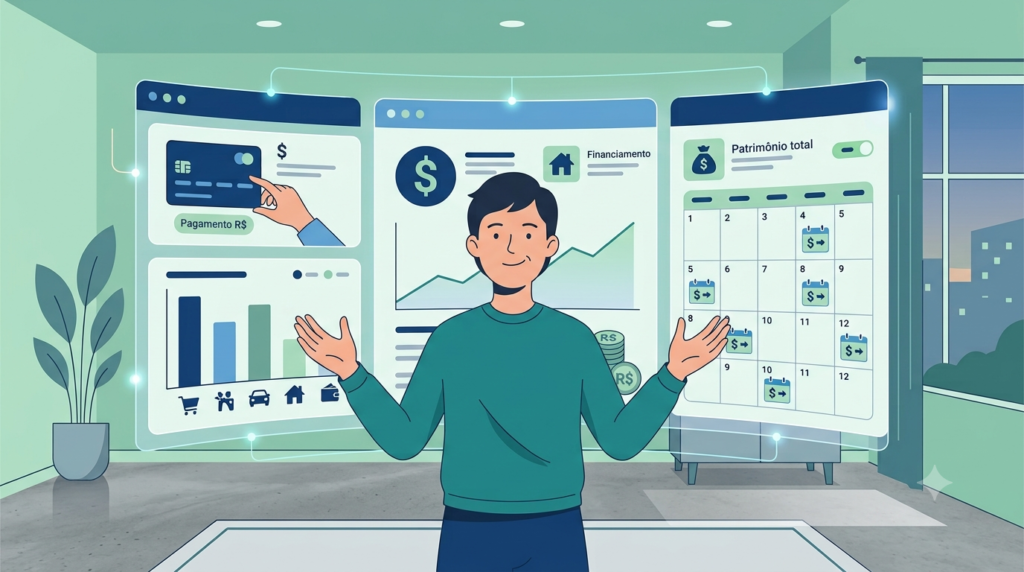 Pessoa em frente a um painel de controle financeiro digital, com telas de pagamento, financiamento e patrimônio total organizadas