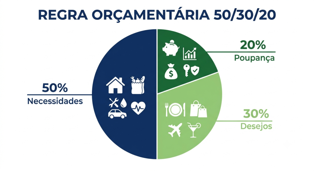 Infográfico da regra de orçamento mensal 50/30/20: 50% necessidades, 30% desejos e 20% poupança