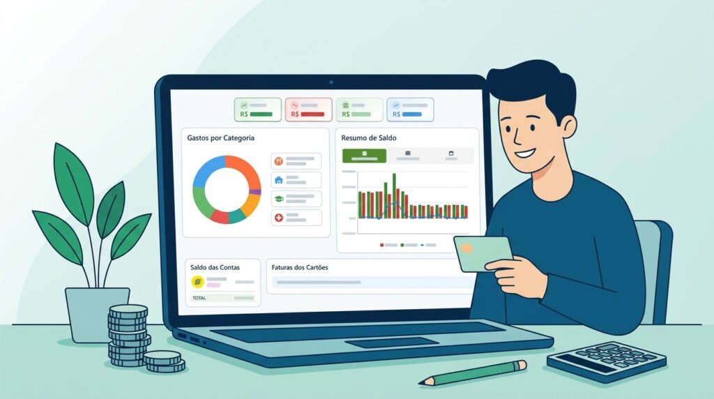 Ilustração do dashboard do Kuantu, com gastos por categoria e resumo de saldo