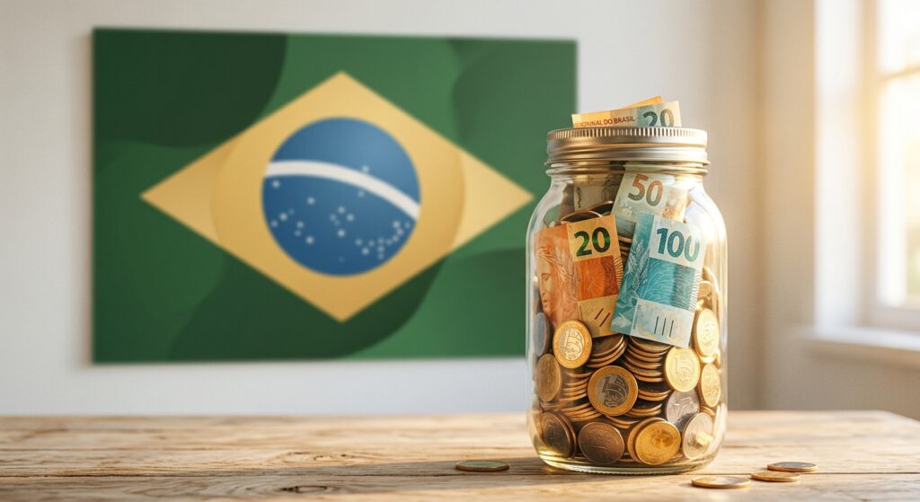 Bandeira do Brasil ao fundo com moedas e cédulas em primeiro plano, simbolizando independência financeira