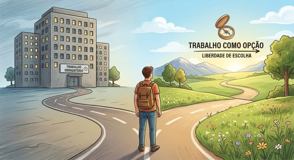 Caminho se bifurcando entre trabalho obrigatório e liberdade de escolha, simbolizando o conceito de independência financeira e FIRE
