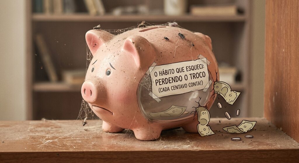 Cofrinho de porcelana vazio, simbolizando dinheiro perdido por falta de hábito de poupança