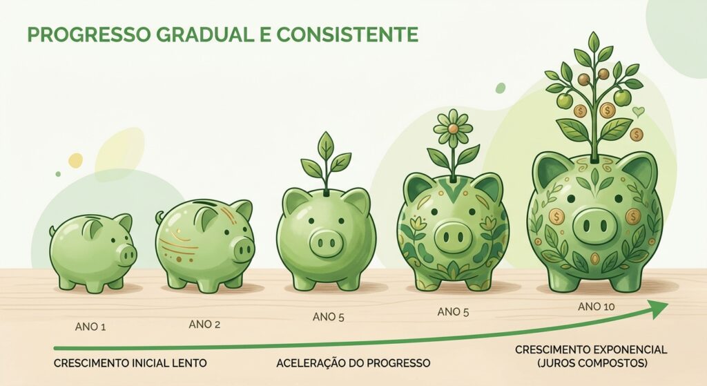 Crescimento gradual e consistente do dinheiro guardado ao longo do tempo, ilustrando o efeito dos juros compostos