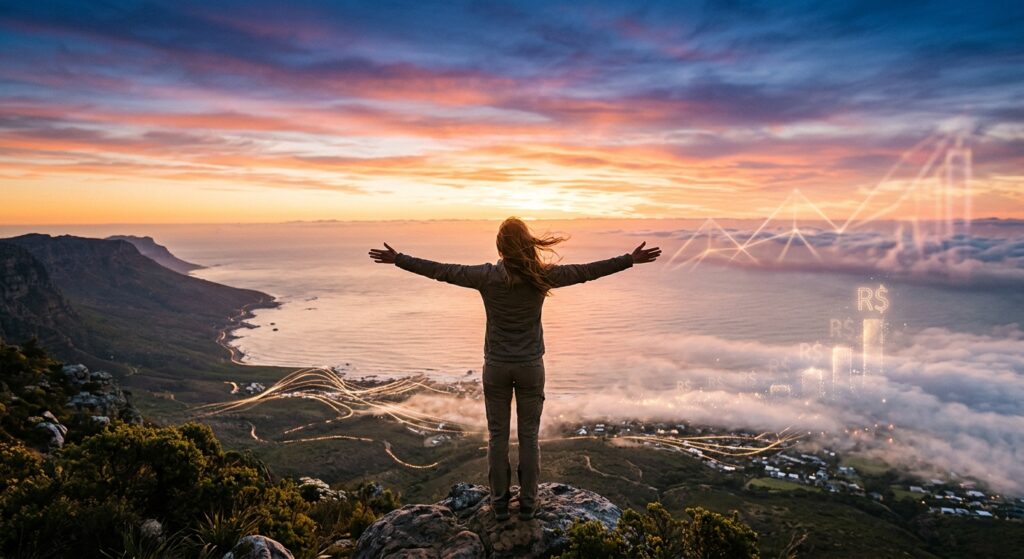 Pessoa de braços abertos observando o nascer do sol no horizonte, representando liberdade e um novo começo financeiro