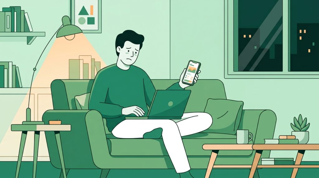 Pessoa sentada no sofa a noite, com notebook mostrando uma planilha financeira e celular na mao, expressao de cansaco