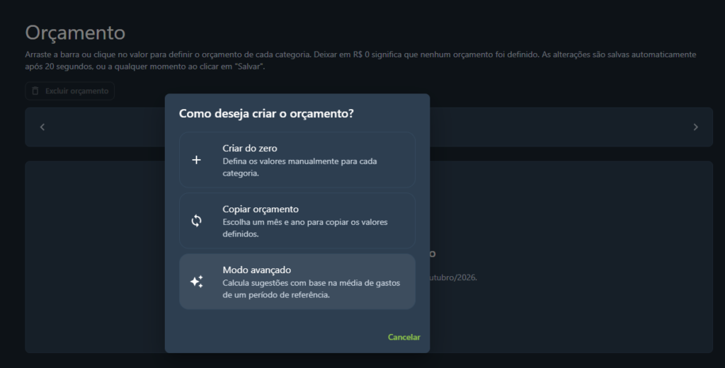 Janela "Como deseja criar o orçamento?" do Kuantu, com as três opções: Criar do zero, Copiar orçamento e Modo avançado, este último selecionado.